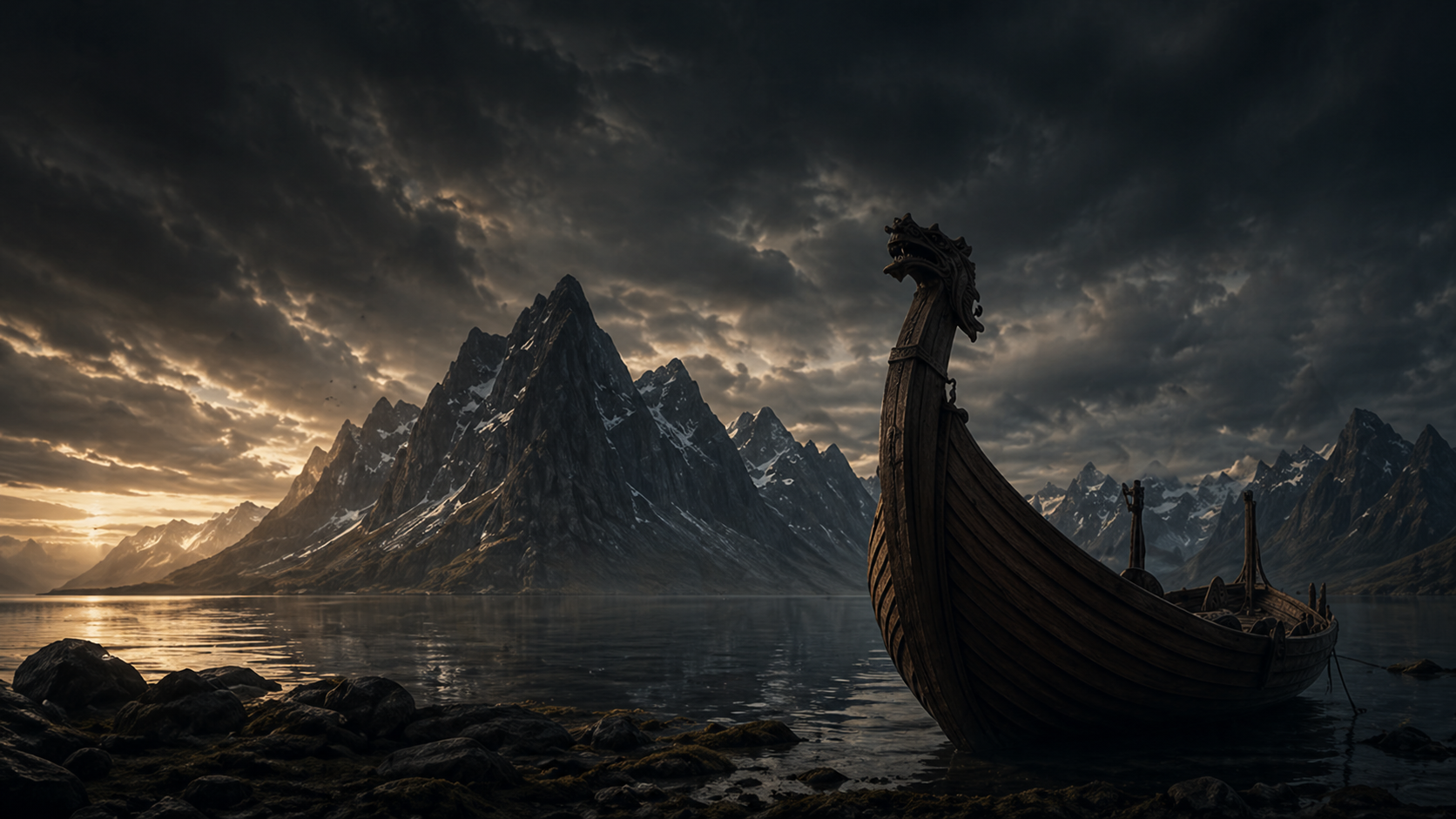 A Norse longship on a dark mountain fjord at sunrise