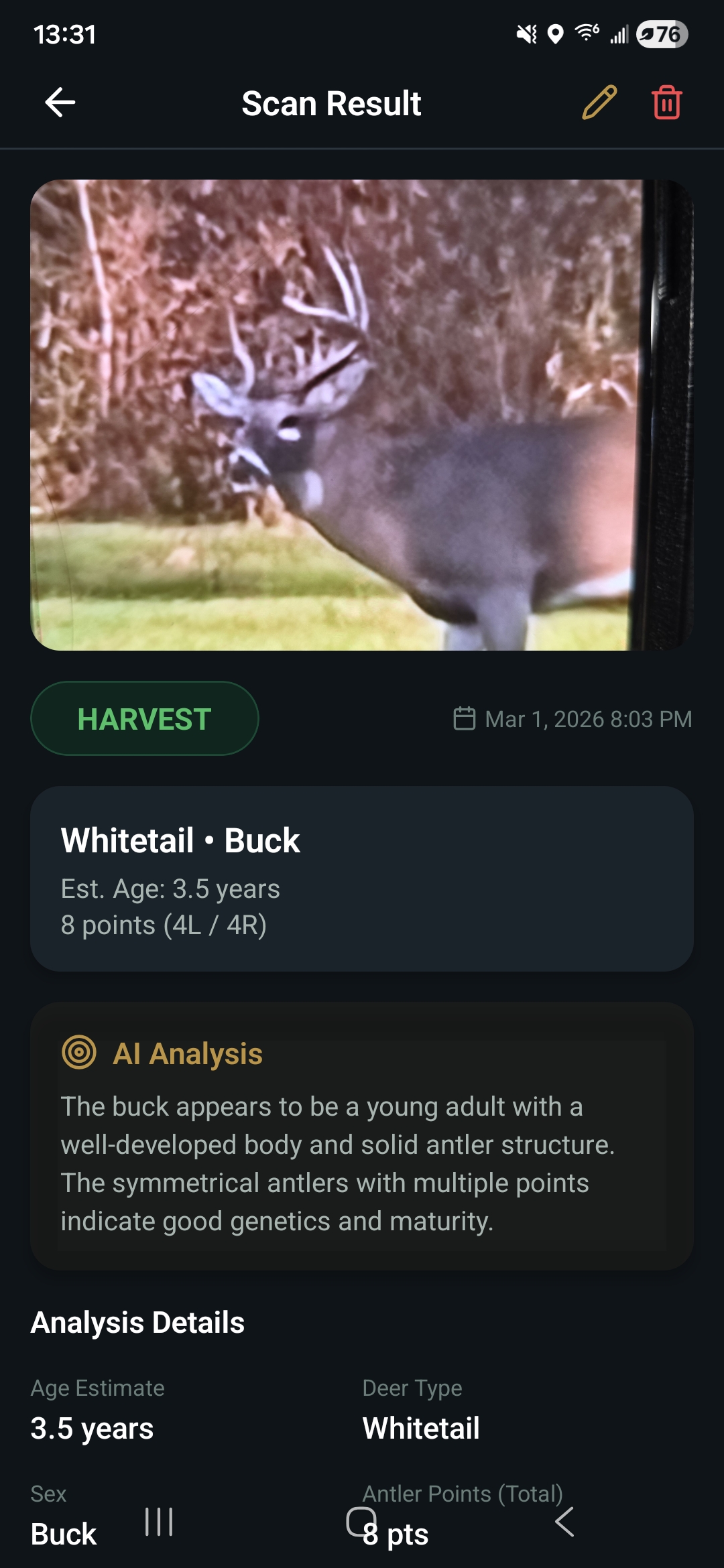 Iron Stag mobile screen showing a deer scan result
