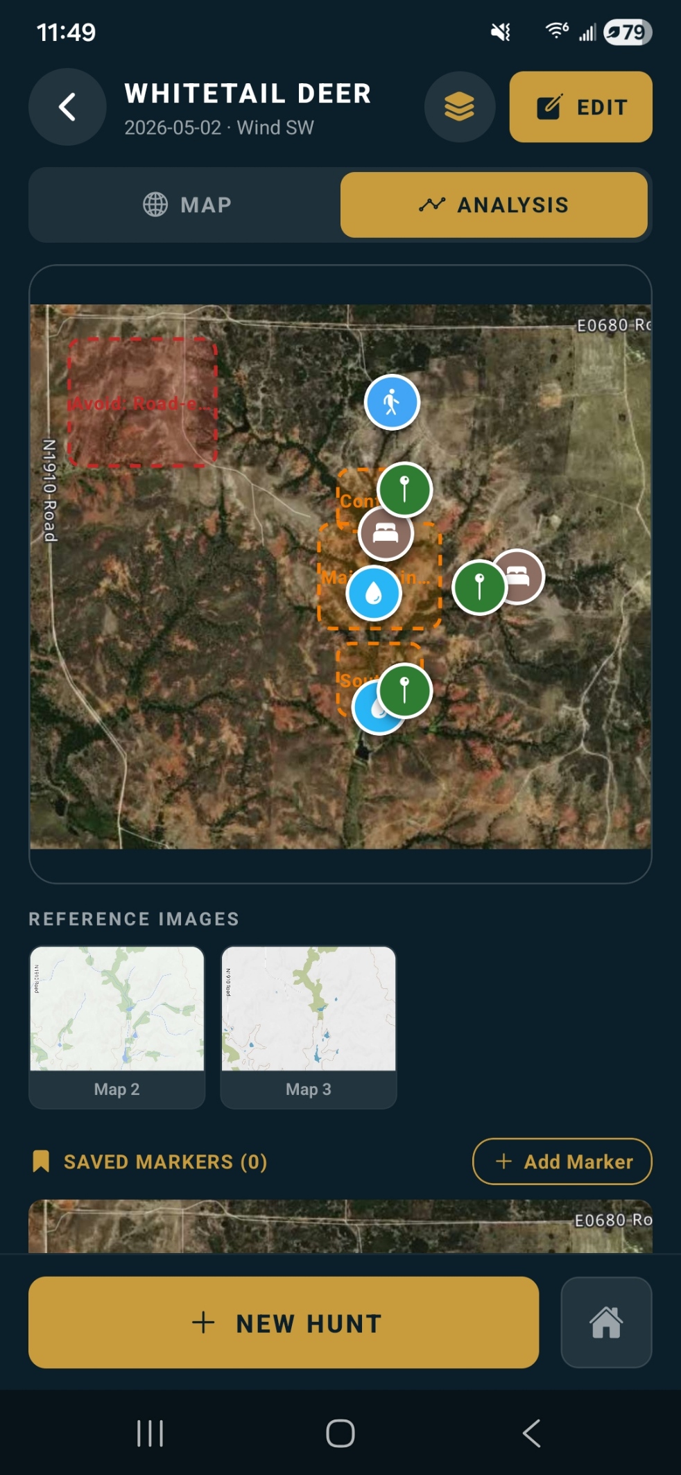 Raven Scout mobile screen showing map markers and hunt planning data